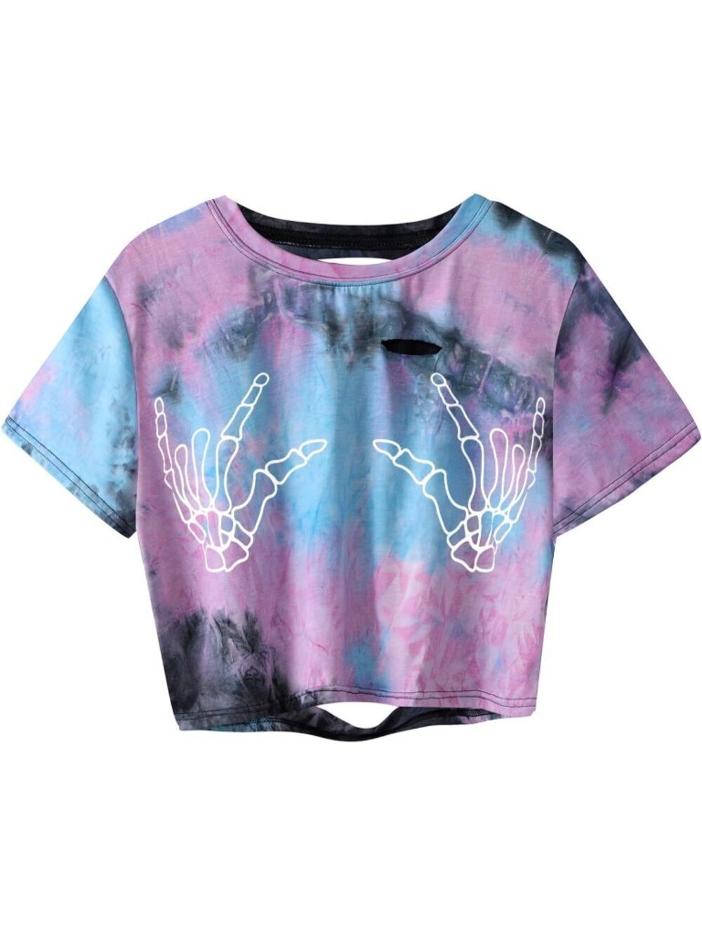 Women's Muti a Skull Finger Graphic Distressed Ripped Crop Tops Tee Shirt